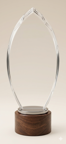 Leaf-Shaped Crystal Award with Wooden Base