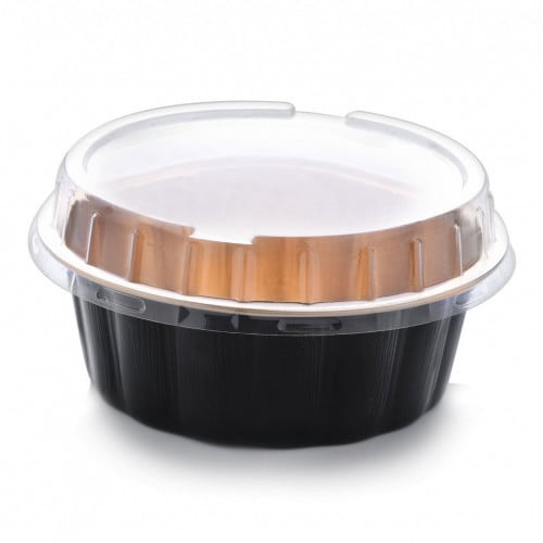 قالب المنيوم اسود/ذهبي دائري + غطاء شفاف ( 235 مل ) 10 حبات