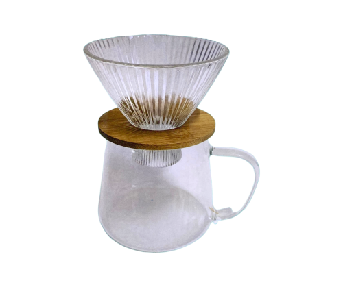 سيرفر قهوة زجاج مع فلتر زجاج بقاعدة خشب