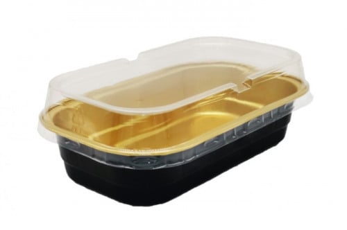 قالب المنيوم اسود/ذهبي مستطيل + غطاء شفاف ( 290 مل ) 8 حبات