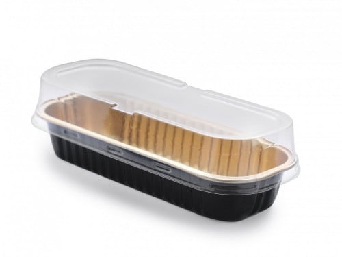 قالب المنيوم اسود/ذهبي مستطيل + غطاء شفاف ( 200 مل ) 12 حبة