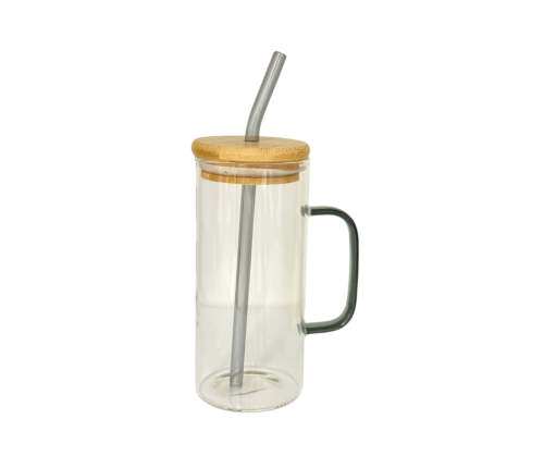 كوب زجاج دائري بيد مزود بغطاء خشبي