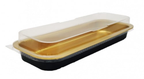 قالب المنيوم اسود/ذهبي مستطيل + غطاء شفاف ( 718 مل ) 5 حبات