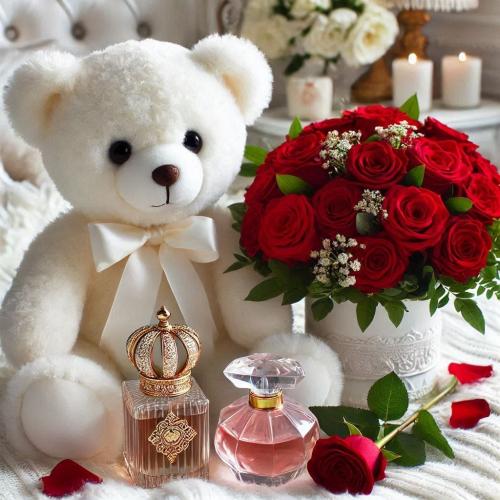 دبدوب مع زجاجة عطر وباقة ورد