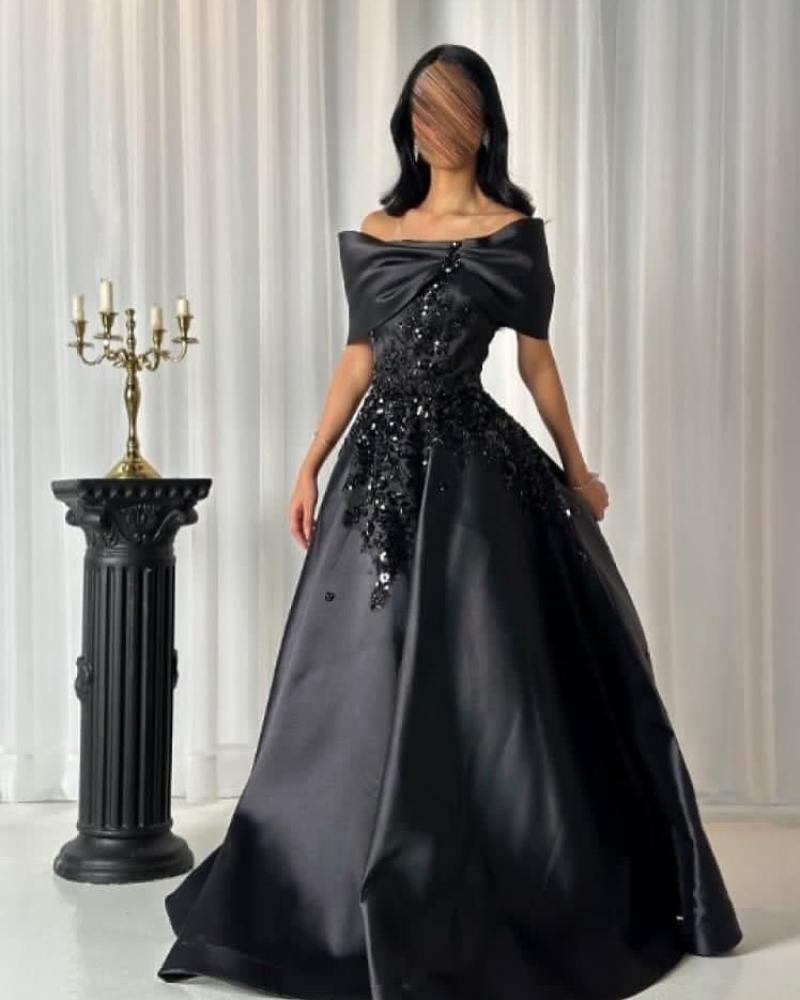 فستان سهره اسود طويل باكمام أوف شولدر خامه ميكادو + تطريز يدوي راقي