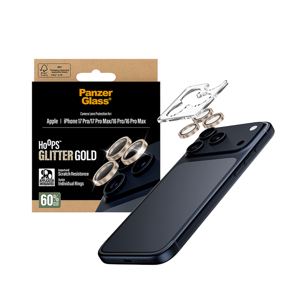 PanzerGlass Hoops Camera Protector, Gold Plated Frame, for iPhone 17 Pro and iPhone 17 Pro Max - Clear