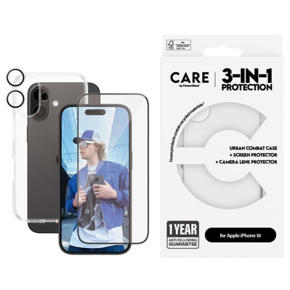 مجموعة الحماية الثلاثية CARE من PanzerGlass® لهاتف iPhone 16