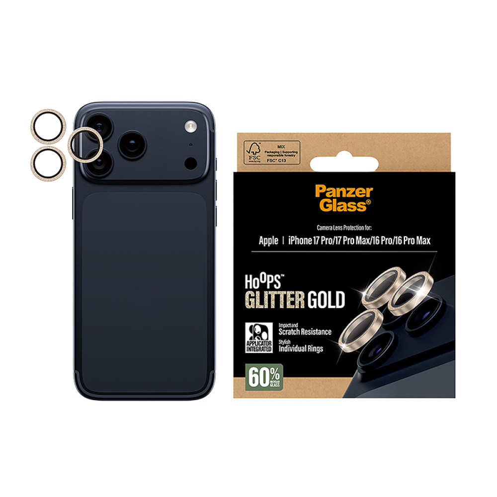 PanzerGlass Hoops Camera Protector, Gold Plated Frame, for iPhone 17 Pro and iPhone 17 Pro Max - Clear