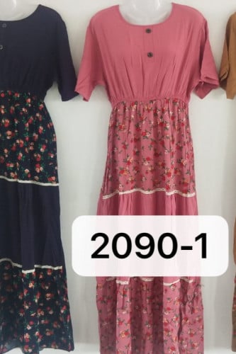 فستان طويل مطاط بالخصر اللون وردي