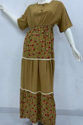 فستان طويل مطاط بالخصر اللون  بيج