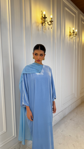 Velvet dress and sky-blue chiffon shawl