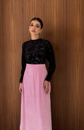 black and pink velvet dress