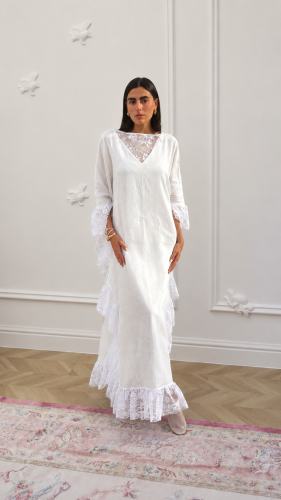 white ruffled dress