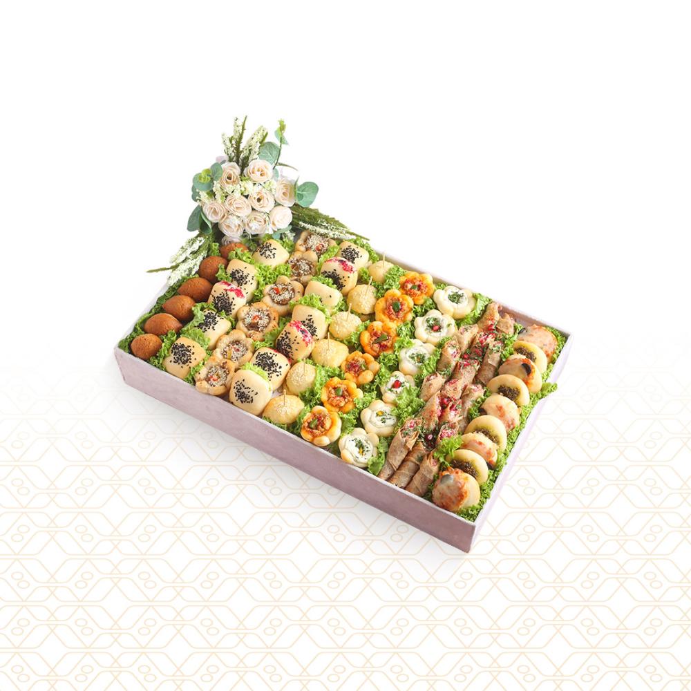 Tray of delights decorated with flowers – 65 pieces of pastries