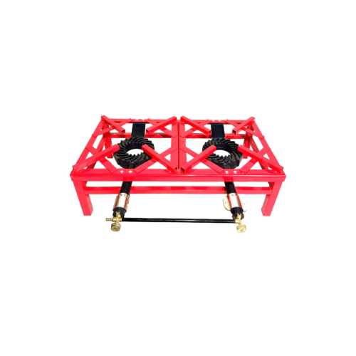 लाल आयताकार बर्नर और ट्यूब होल्डर वाला गैस स्टोव