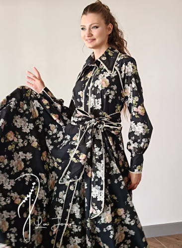 فستان أسود منقوش طويل بكم مع رباط