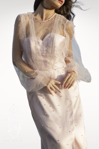 فستان سهرة دستي بنك مزين لؤلؤ  كسرات كم طويل