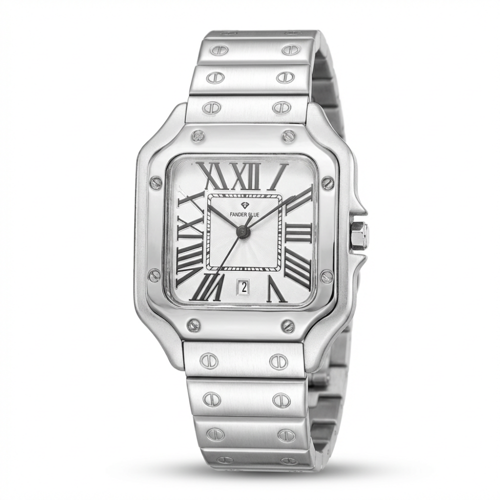 ساعة رجالية الطراز الكلاسيكي ستانلس ستيل ميناء أبيض بعقارب سوداء داكنة ماكينة يابانية | ضمان سنة كاملة