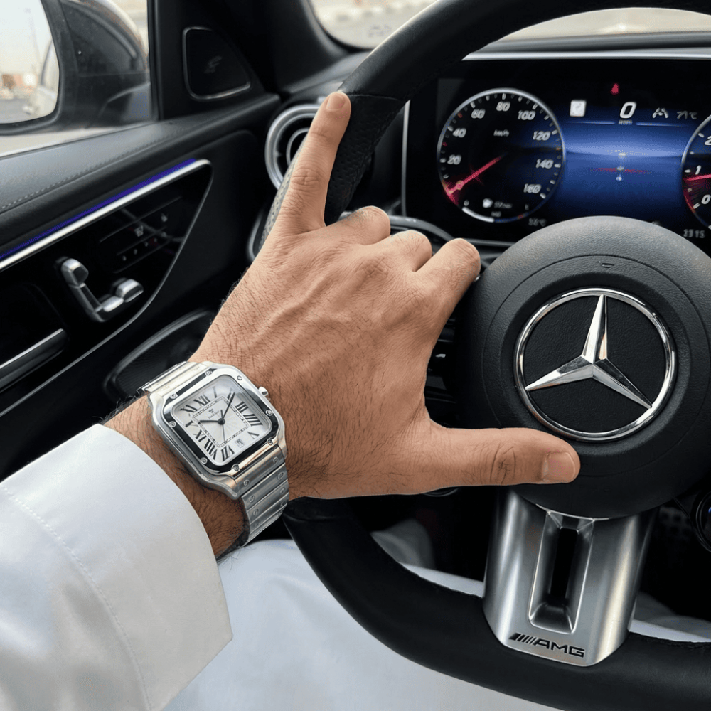 ساعة رجالية الطراز الكلاسيكي ستانلس ستيل ميناء أبيض بعقارب سوداء داكنة ماكينة يابانية | ضمان سنة كاملة