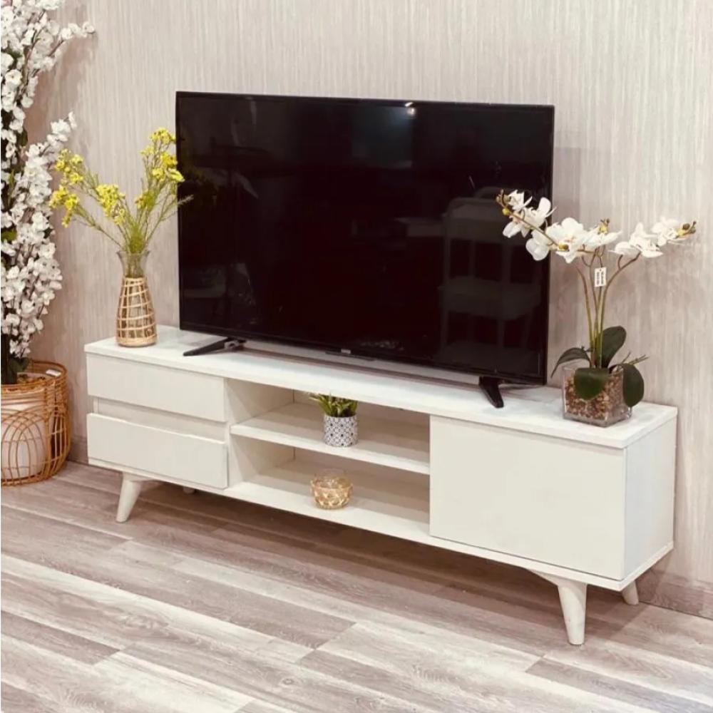 طاولة بلازما خشبي ابيض سادة بقاعدة بلاستيك