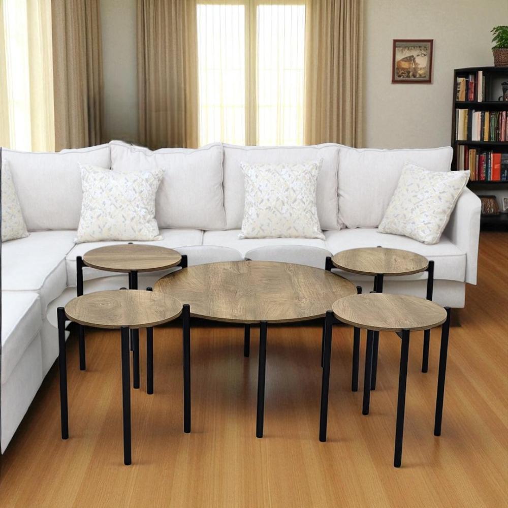 طقم طاولات ضيافة سطح خشبي قاعدة حديد أسود مع 4 طاولات خدمة - بتصميم أنيق وعملي