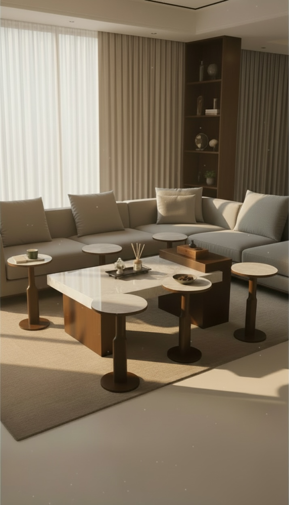 طقم طاولة ضيافة قاعدة خشب بني سطح بديل الرخام مع 6 طاولات خدمة - بتصميم أنيق وعملي * LU طاولة جانبية بديل الرخام خشن -تصميم هندسي عصري kf