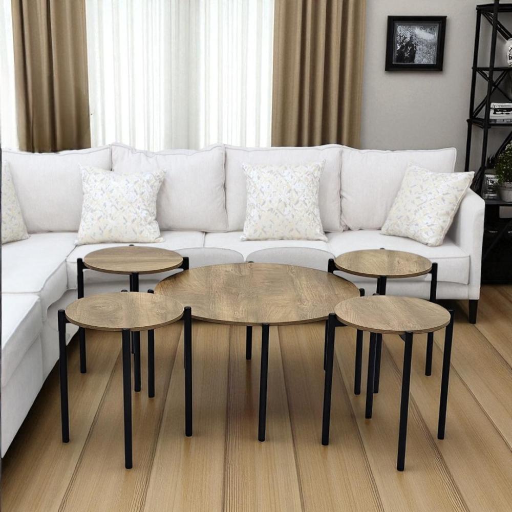 طقم طاولات ضيافة سطح خشبي قاعدة حديد أسود مع 4 طاولات خدمة - بتصميم أنيق وعملي