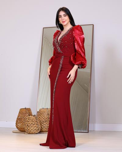 فستان سهرة راقٍ بتطريز فخم وأكمام ساتان - أسود وعن...