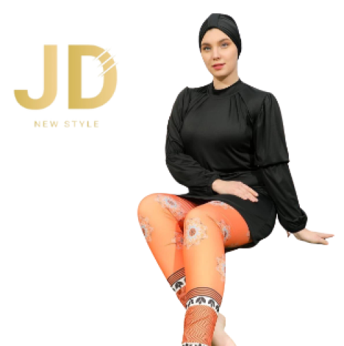 مايوه سباحة شرعي بتصميم أسود مع بنطال برتقالي مزخرف