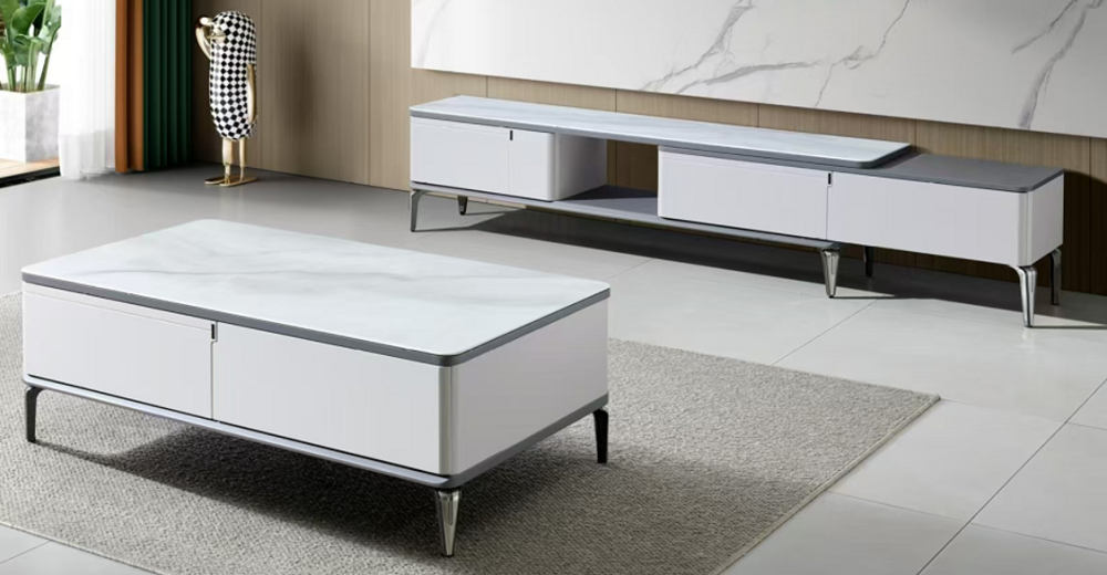 طقم طاولة شاشة بلازما مع طاولة قهوة مستطيلة أبيض بتصميم مودرن خشب