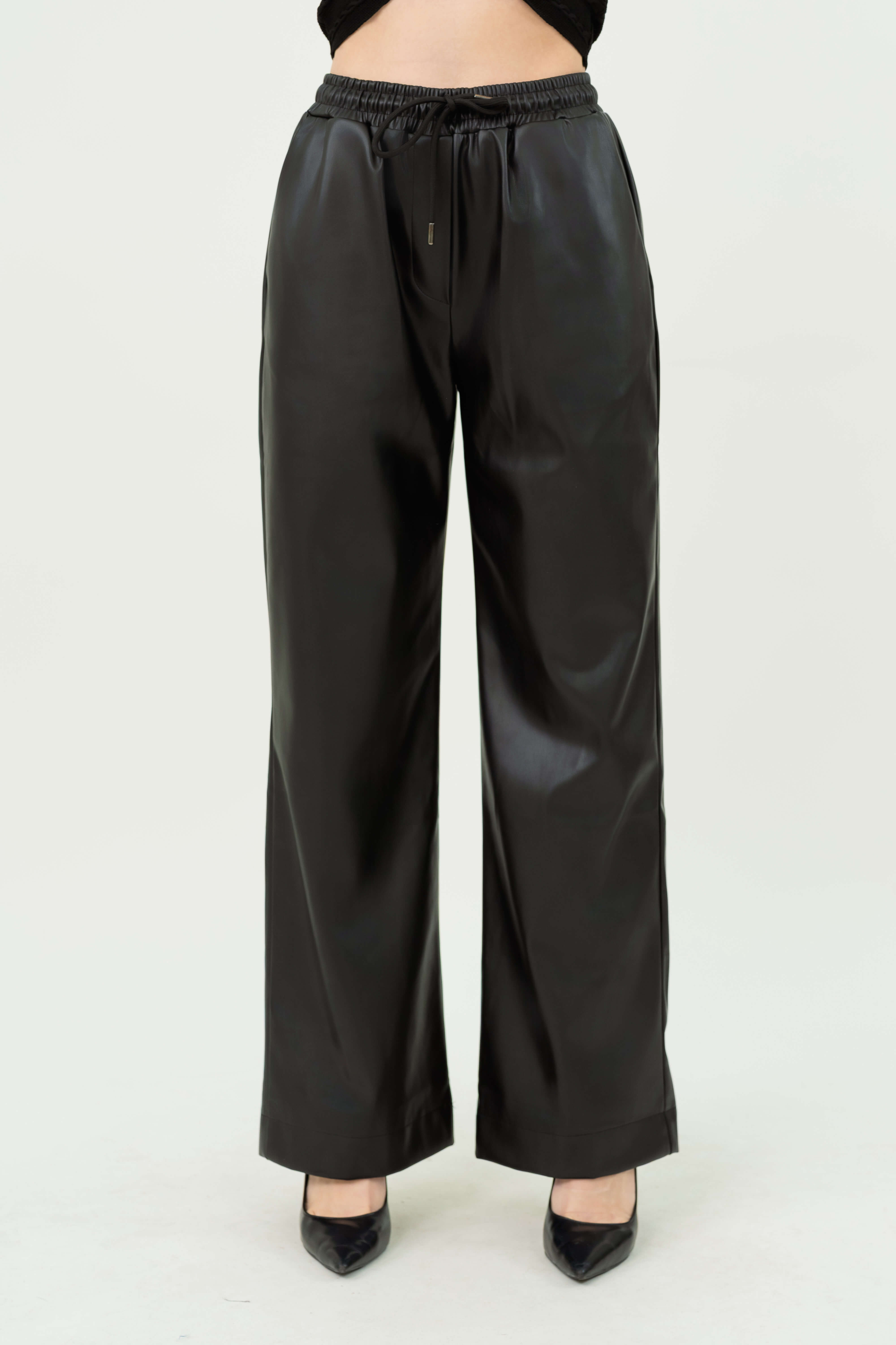 Women's Black Oversized Faux Leather Pants with Waist Tie