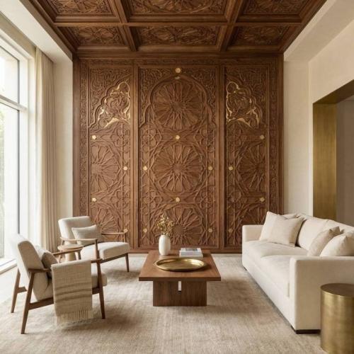 ديكور داخلي حديث بزخارف إسلامية وعربية منقوشة على الجدران