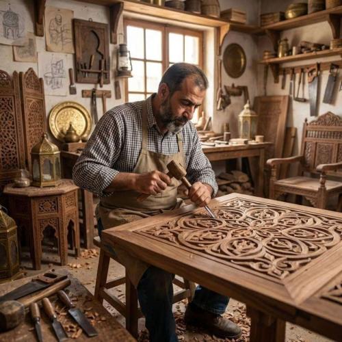 تفاصيل نقش أرابيسك دقيق على قطعة خشبية فنية