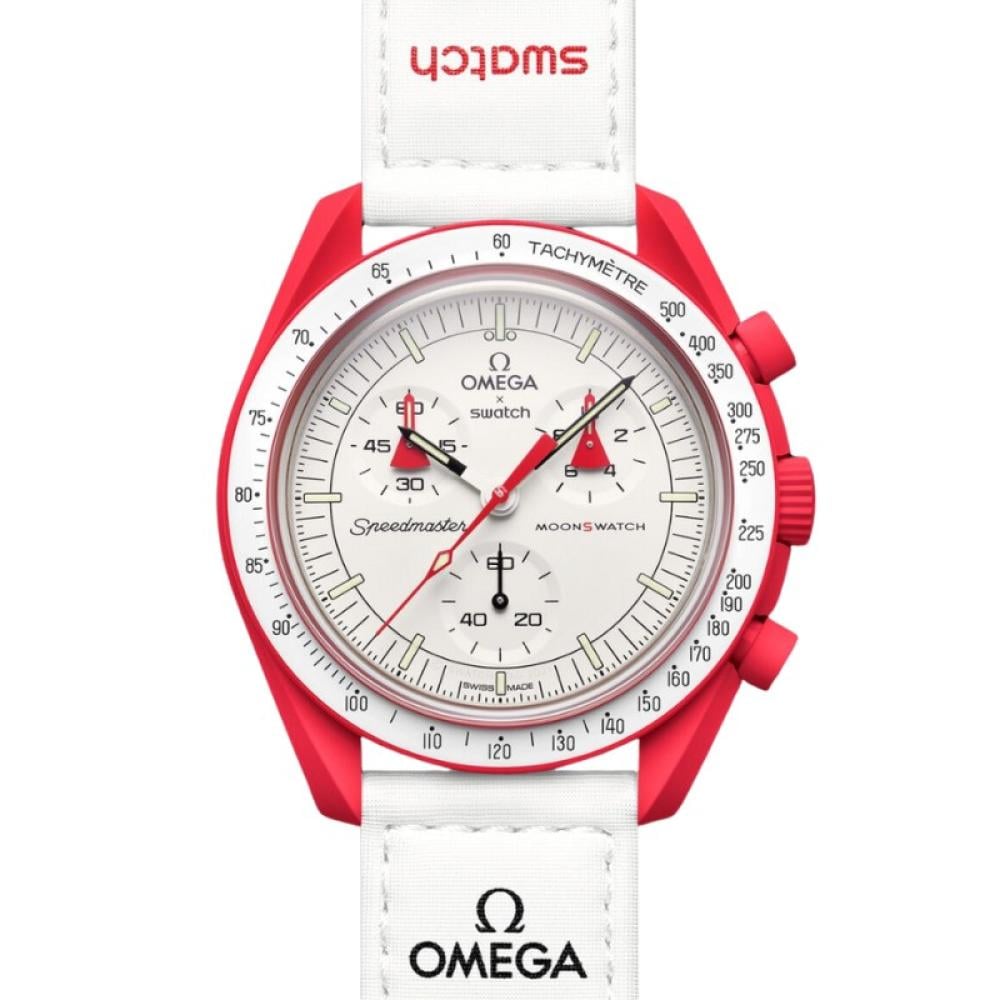 ساعة Omega x Swatch MoonSwatch كرونوغراف باللون الأحمر تصميم فاخر وأني