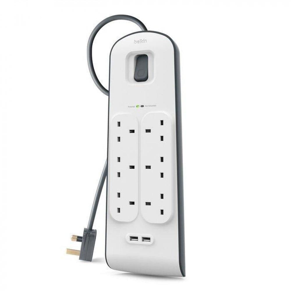 كابل طاقة بيلكن بـ 6 منافذ، USB للشحن, بطول 2 متر, يحمي من اندفاع التيار الكهربائي