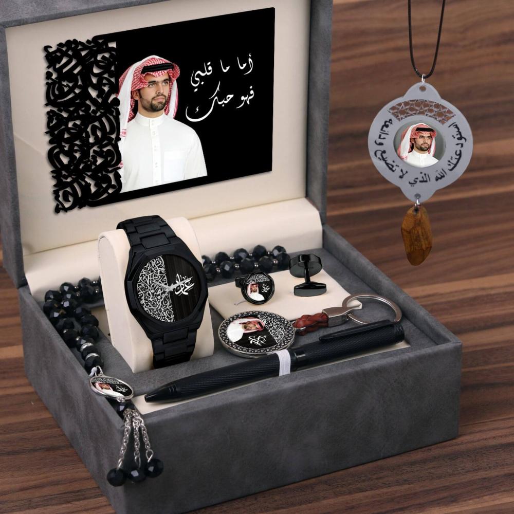 طقم ساعه رجالي بالاسم والصوره هدايا رجالية فخمة كبك قلم سبحه ميداليه