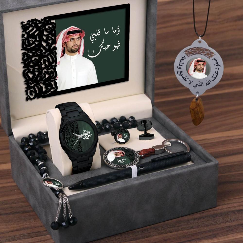طقم ساعه رجالي بالاسم والصوره هدايا رجالية فخمة كبك قلم سبحه ميداليه