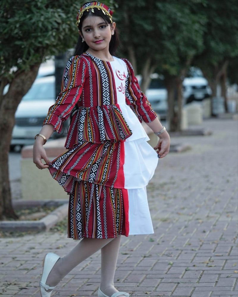 فستان شالكي بنات شالكي اطفال فستان فانوس قرقيعان رمضان اطفال سدو احمر