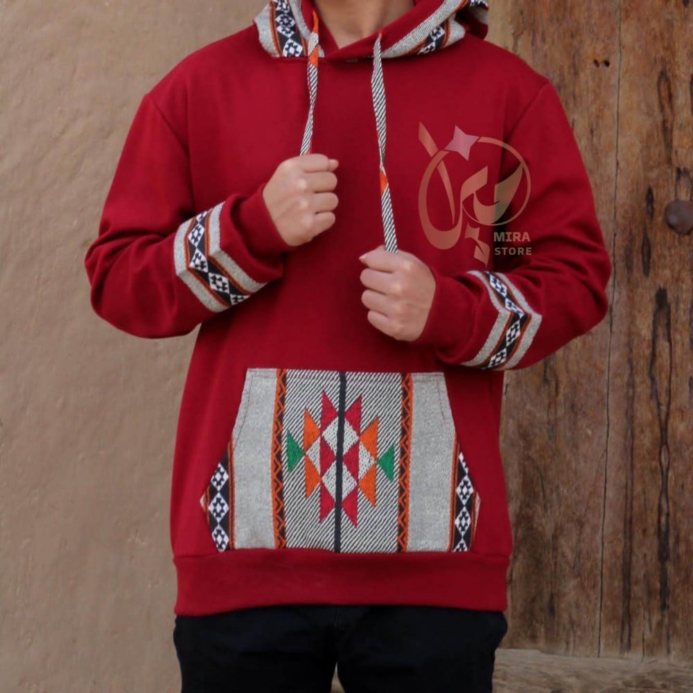 بلوفرات رجالي شتوي احمر مزين بالسدو بلوفر شتويه رجالية هودي سدو