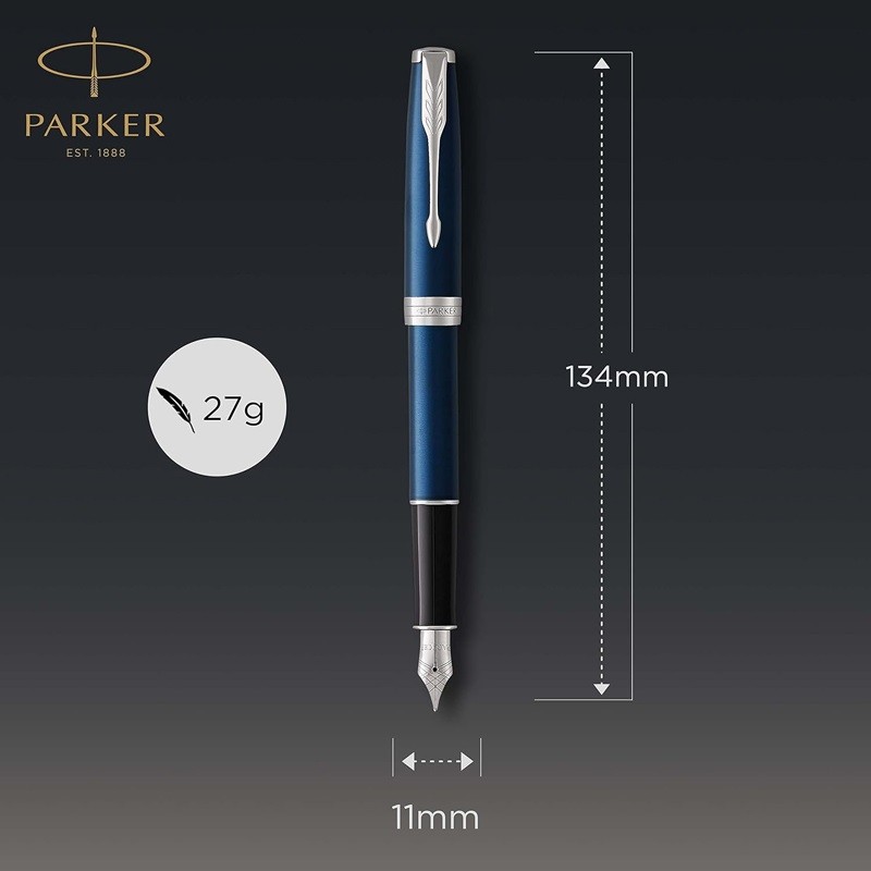 Parker Sonnet Fountain Pen Blue lacquer cap and barrel accented by palladium-finished clip and trim
