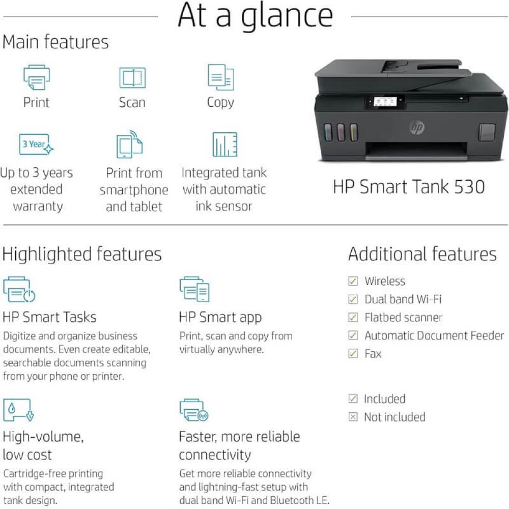 اتش بي طابعة لا سلكية ذكية بدون خراطيش حبر 530 ملونة 3 في 1