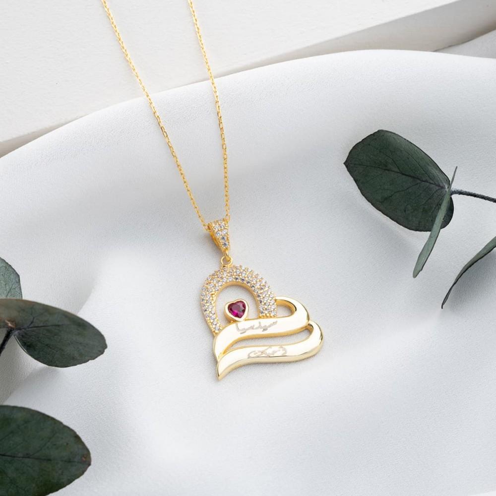 Gold-plated silver heart necklace with red zircon and
