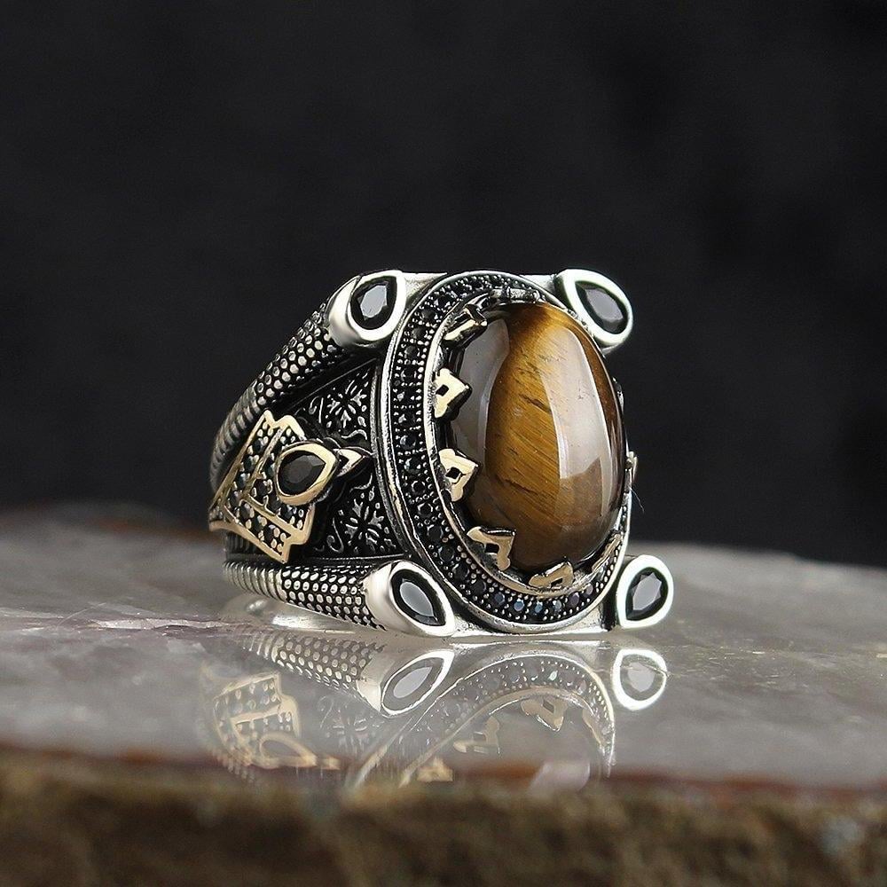 خاتم فخم من الفضة الخالص بحجر عقيق عين النمر
