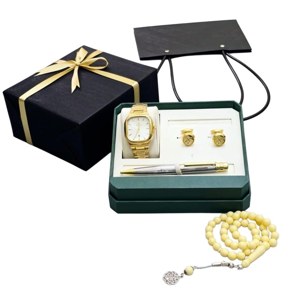 طقم ساعة رجالية فخم يحتوي على ساعة وكبك وقلم ومسبحة مع تغليف هدايا أني