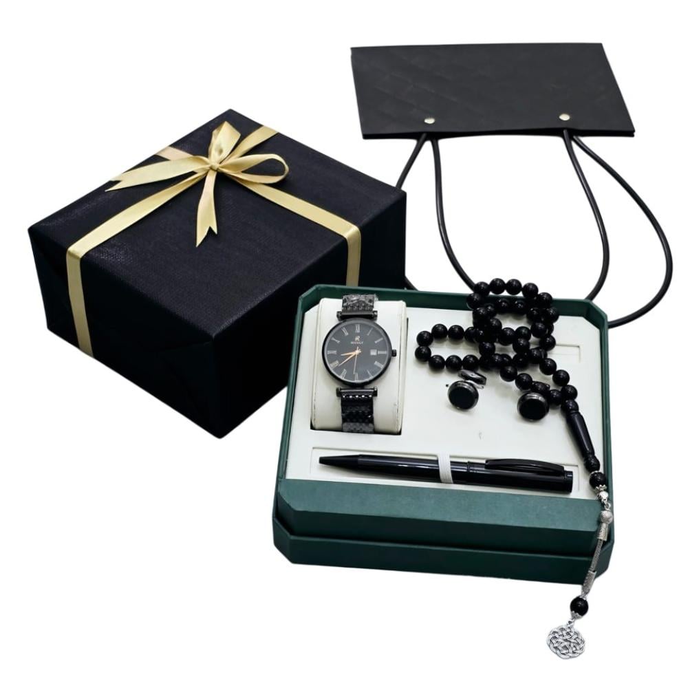 طقم ساعة رجالية فاخر – ساعة أنيقة مع كبك وقلم ومسبحة بتغليف هدايا مميز