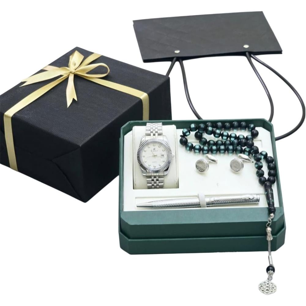 طقم ساعة رجالية فاخر – ساعة أنيقة مع كبك وقلم ومسبحة بتغليف هدايا مميز