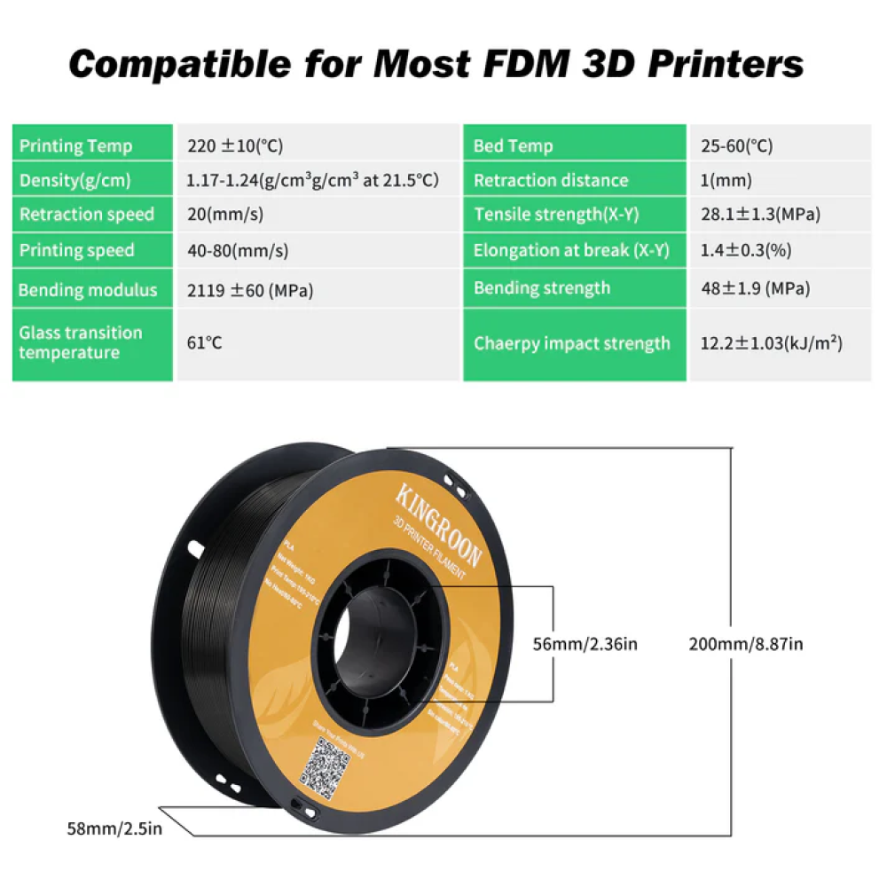 KINGROON PLA (Black) 3D Filament 1.75Ø, 1kg