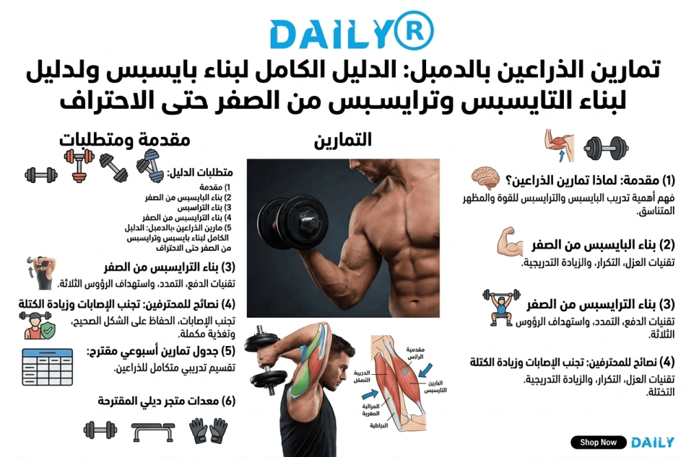 تمارين الذراعين بالدمبل: الدليل الكامل لبناء بايسبس وترايسبس من الصفر حتى الاحتراف