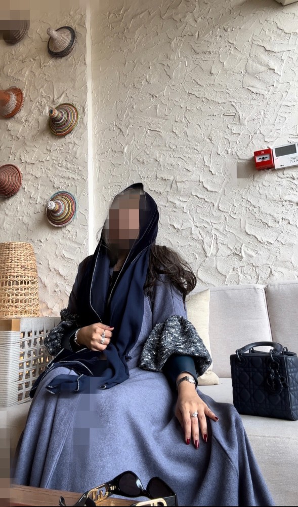 Winter abaya half a cloche raw wool blue with colored chenille sleeves and blue leather Zari Abayas Store Modern and Luxurious Abayas Collection