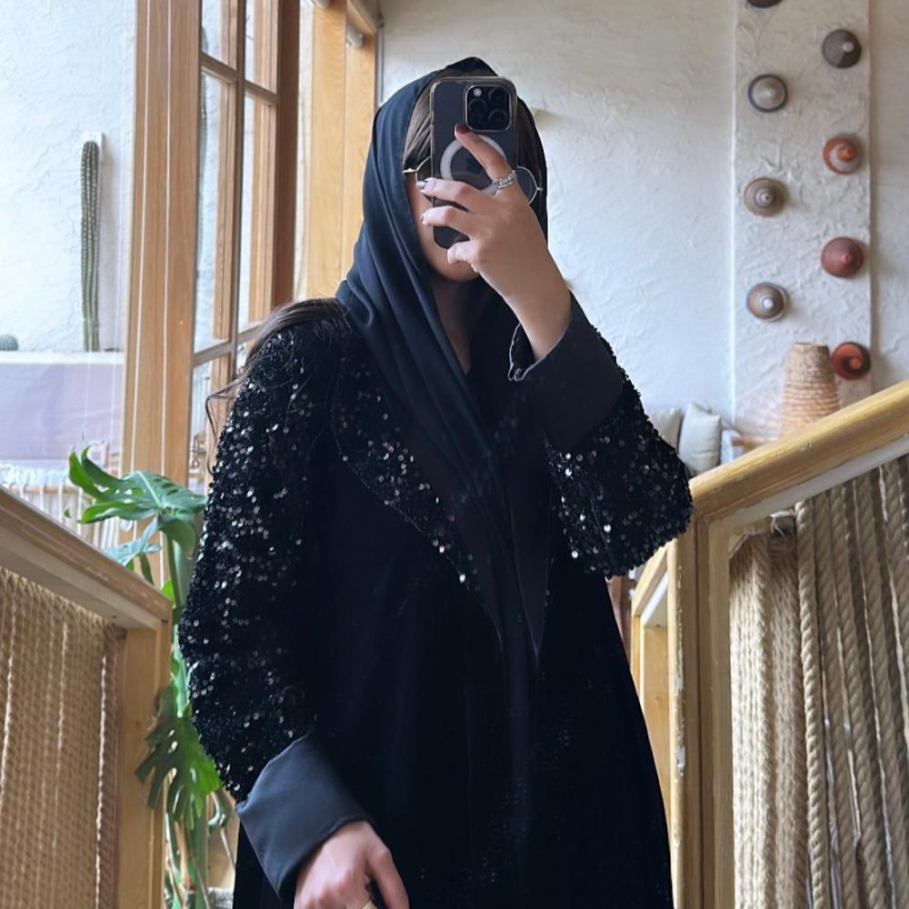 Winter abaya with black velvet and sequins Zari Abayas Store Modern and Luxurious Abayas Collection